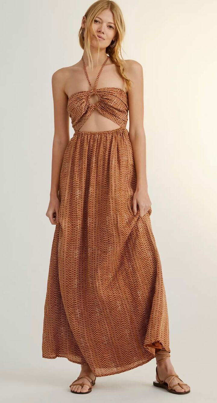 Faithfull The Brand Anthropologie Halter Cutout Linen Midi Dress Brown 8